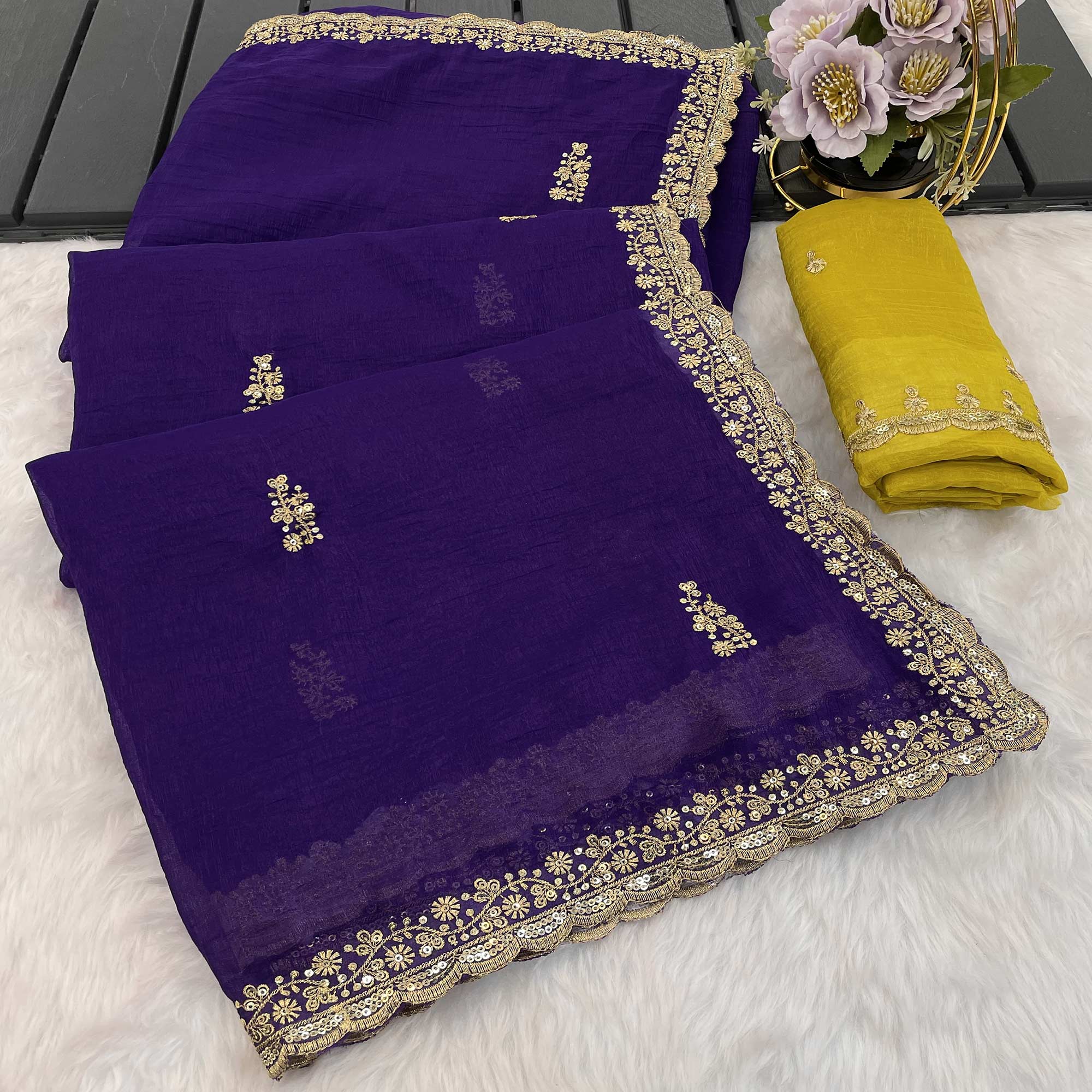 Royal Purple Crunchy Crush Saree Adorned With Floral Thread Embroidery & Gleaming Sequins Detailing
