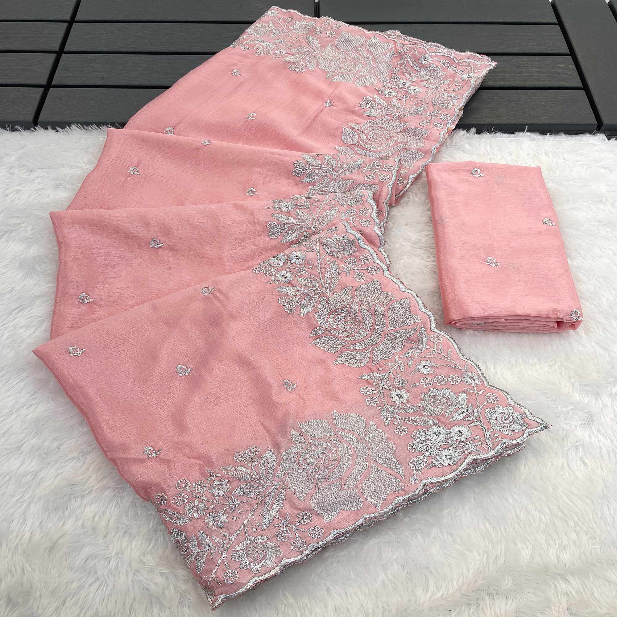 Graceful Baby Pink Chinon Chiffon Saree With Intricate Floral Zari Embroidery