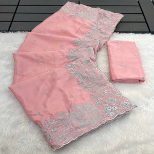 Graceful Baby Pink Chinon Chiffon Saree With Intricate Floral Zari Embroidery