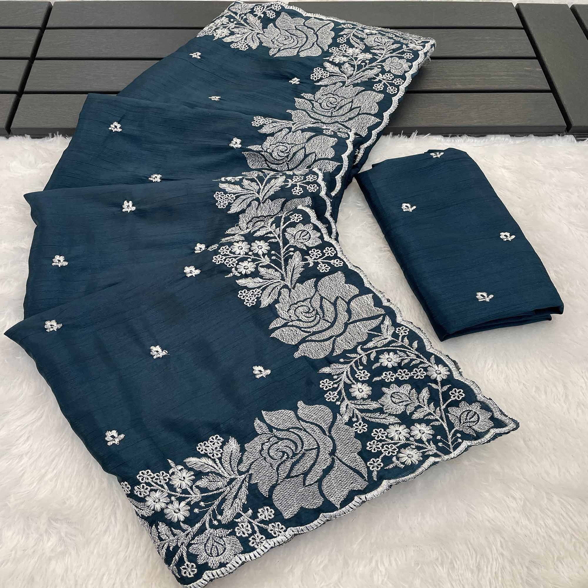 Dark Teal Blue Chinon Chiffon Saree With Graceful Floral Zari Embroidery