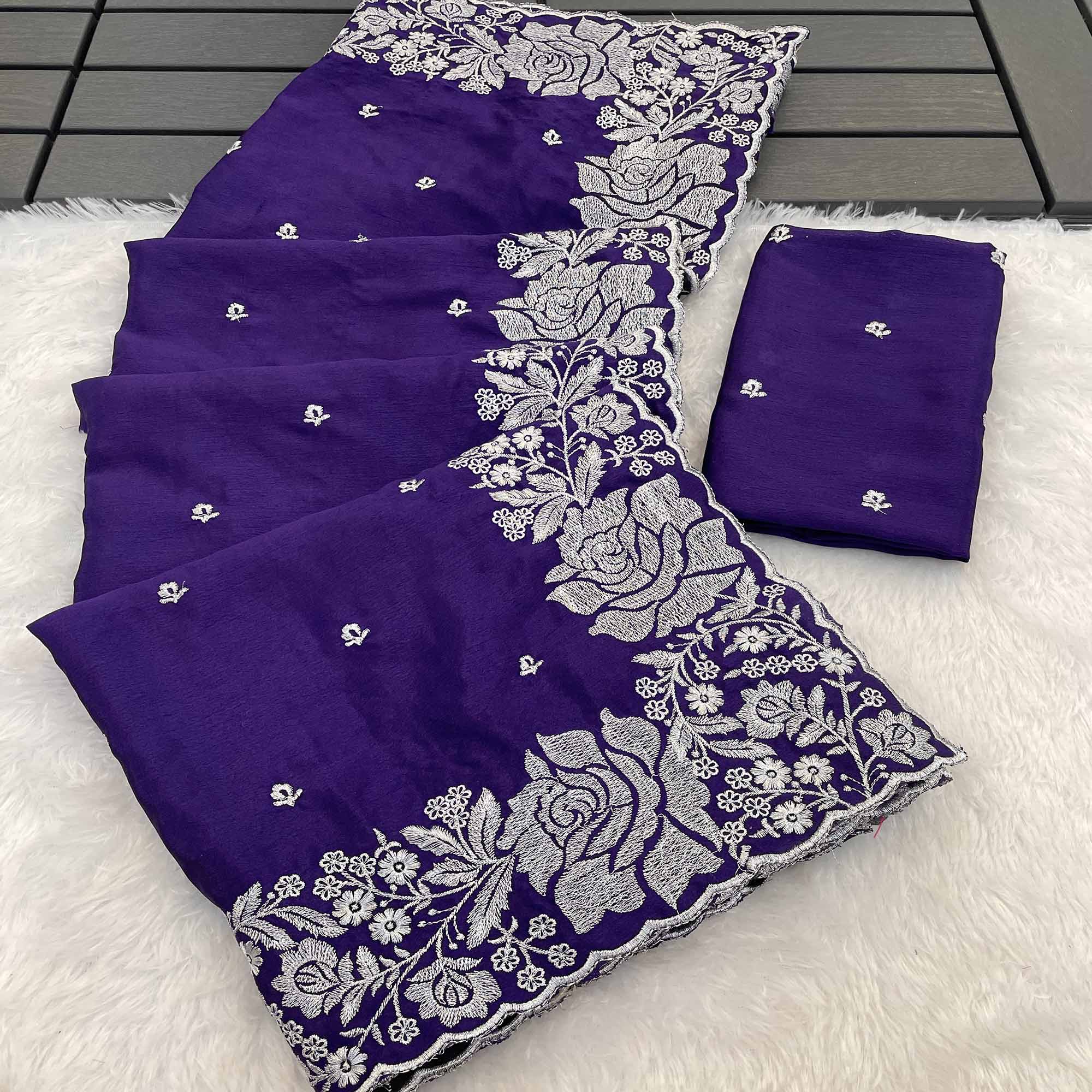 Luxurious Royal Purple Saree Adorned With Delicate Floral Zari Work On Chinon Chiffon