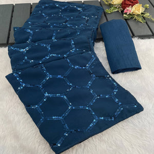 Blue Georgette Silk Saree Embellished With Sparkling Sequins Embroidery & Piping Border