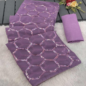 Lilac Purple Georgette Silk Saree Embellished With Sparkling Sequins Embroidery & Piping Border