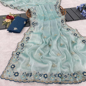 Blue Jimmy Choo Chiffon Saree Adorned With Floral Embroidery & Delicate Sequins Work