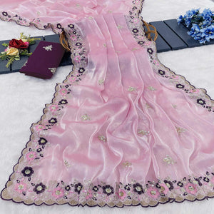 Onion Pink Jimmy Choo Chiffon Saree Adorned With Floral Embroidery & Delicate Sequins Work