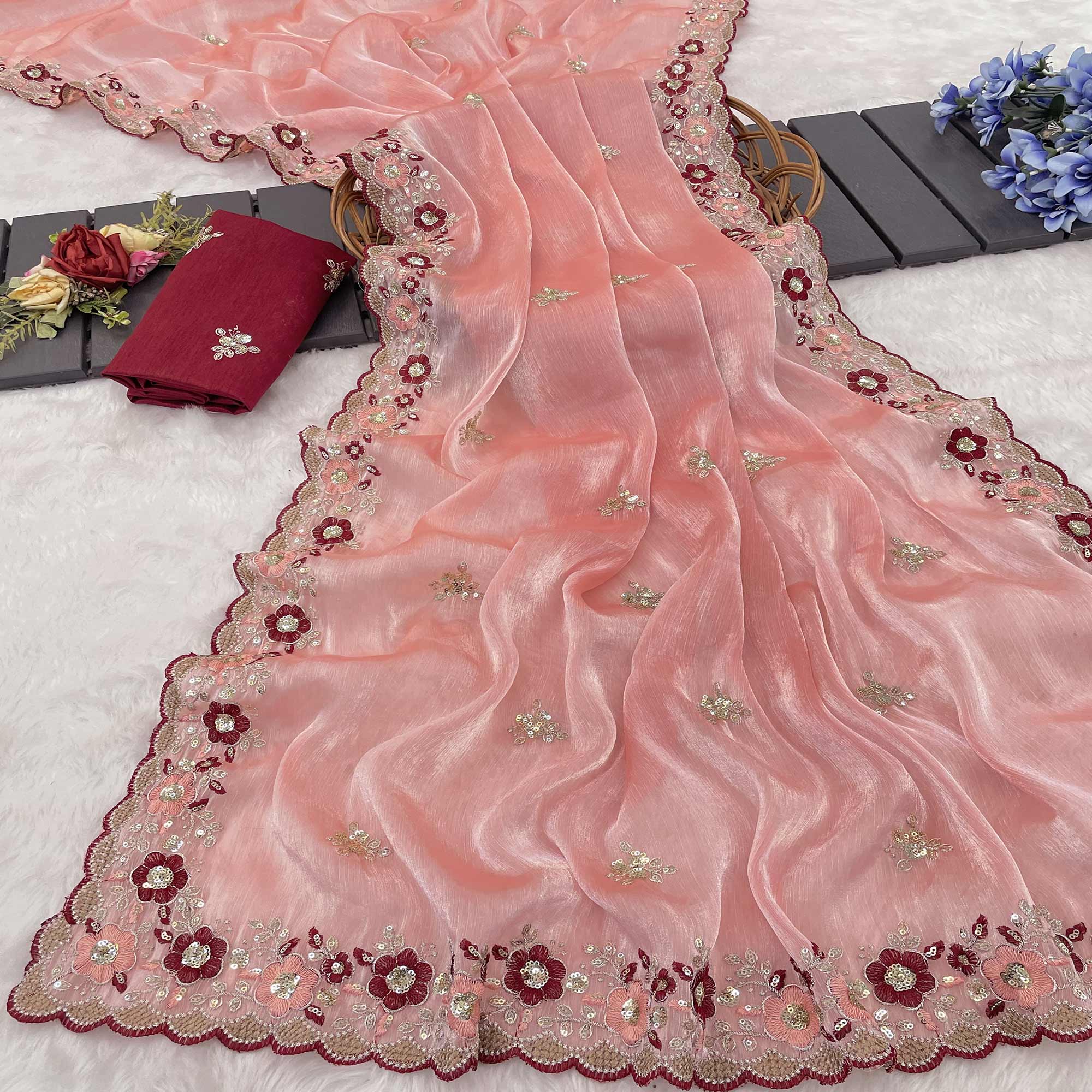 Peach Jimmy Choo Chiffon Saree Adorned With Floral Embroidery & Delicate Sequins Work