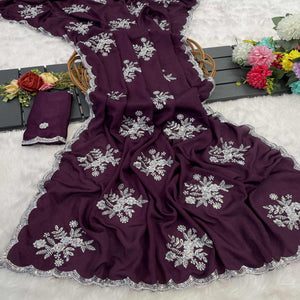 Wine Chinon Saree Adorned With Zari Floral Embroidery & Gleaming Sequins Work
