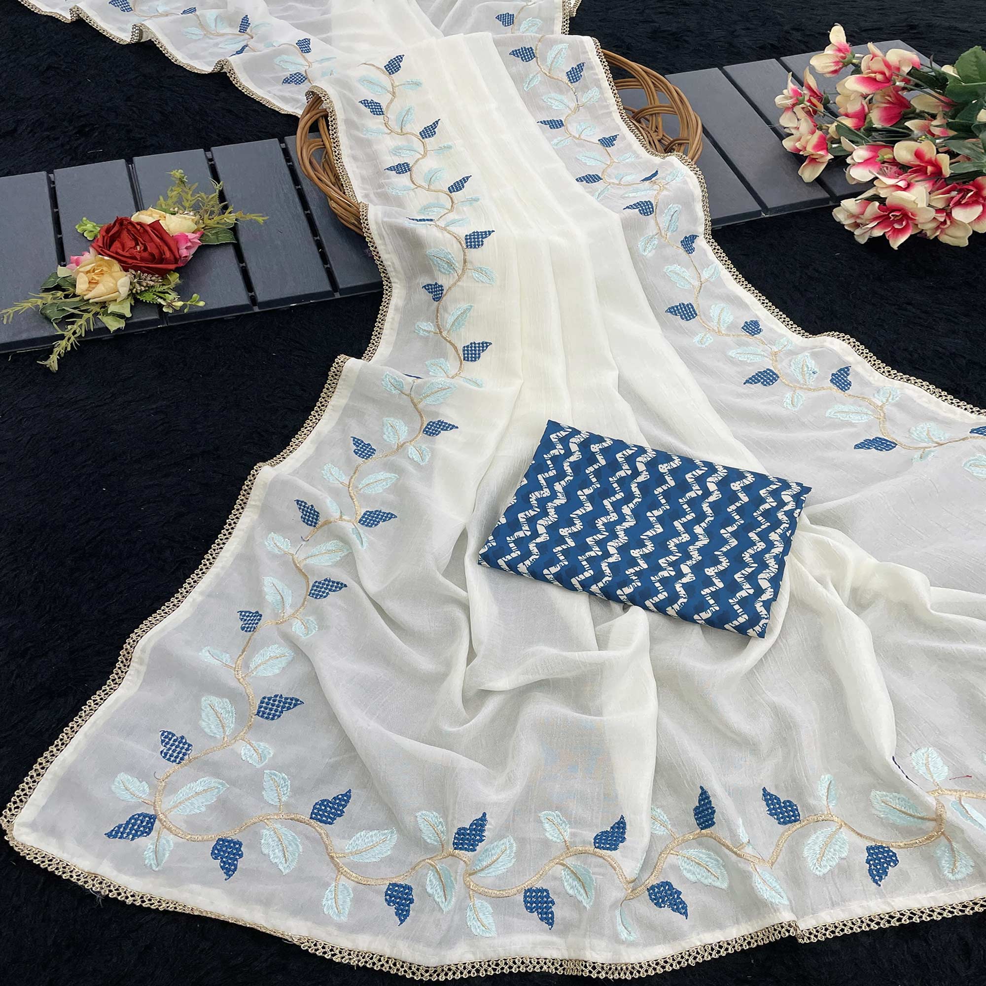 Timeless Offwhite & Blue Pure Silk Saree With Intricate Thread Embroidery And Delicate Lace Border