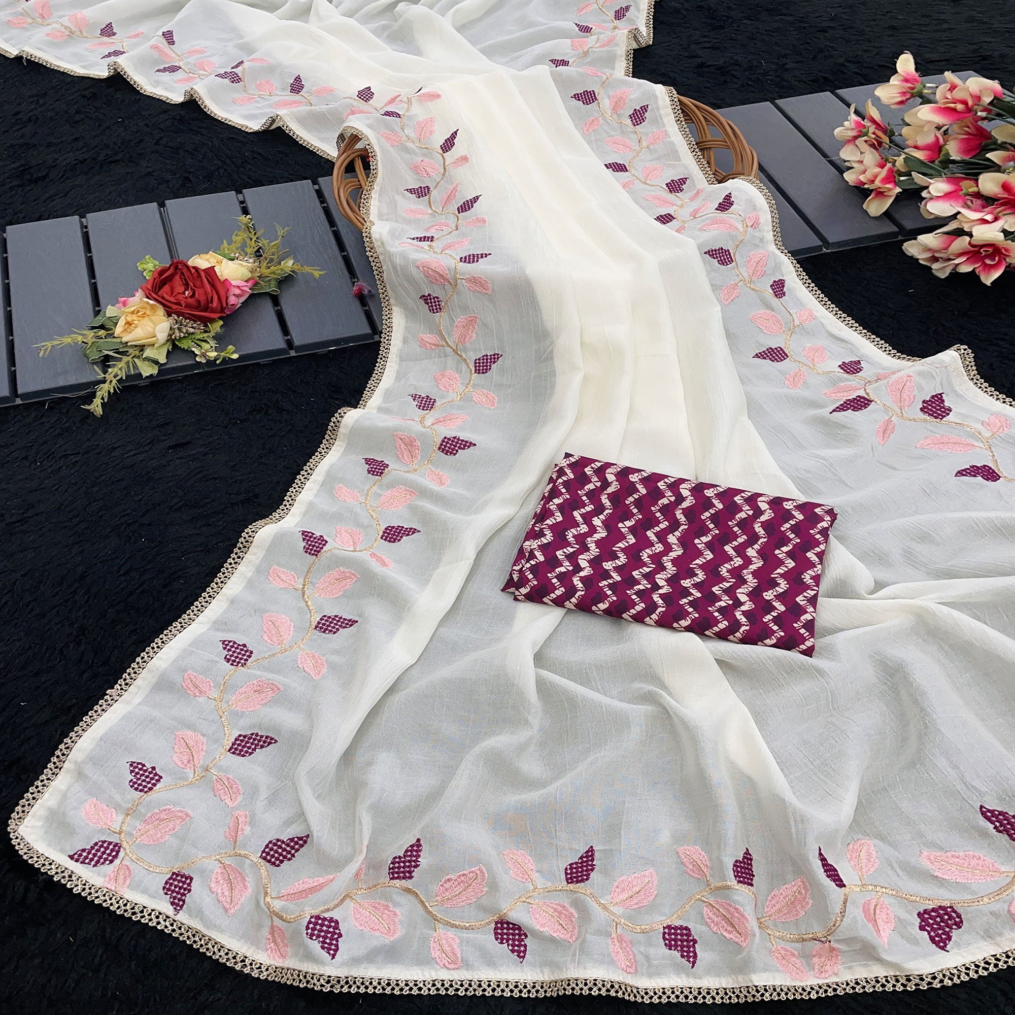 Graceful Offwhite & Wine Pure Silk Saree With Intricate Thread Embroidery And Delicate Lace Border