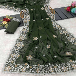 Green Designer Art Silk Saree Enhanced with Fine Floral Embroidery Work
