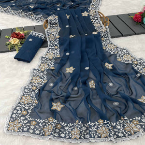 Teal Designer Art Silk Saree Enhanced with Fine Floral Embroidery Work