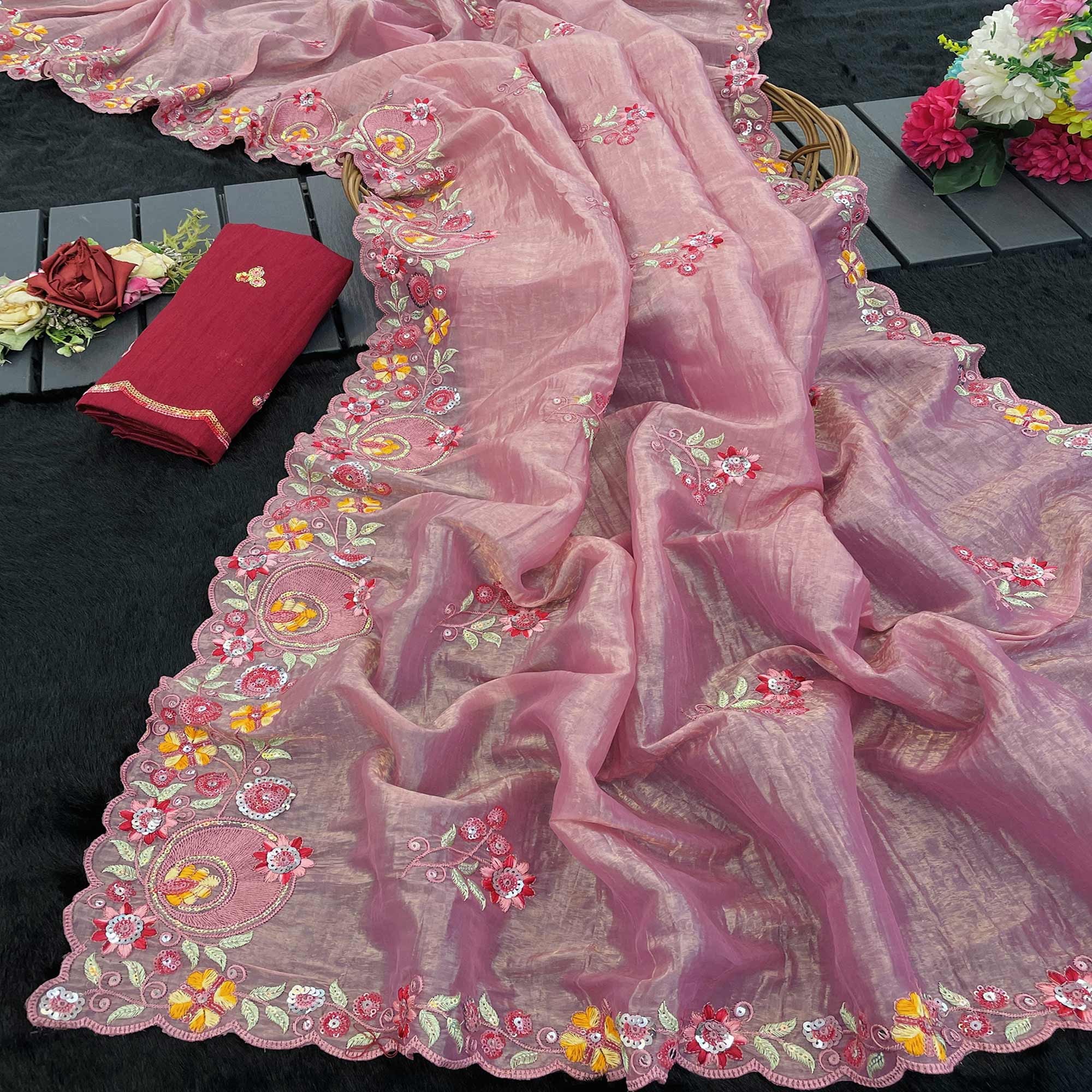 Pink Elegance Cotton Silk Saree with Floral Sequins Embroidery