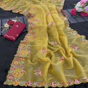 Yellow Elegance Cotton Silk Saree with Floral Sequins Embroidery