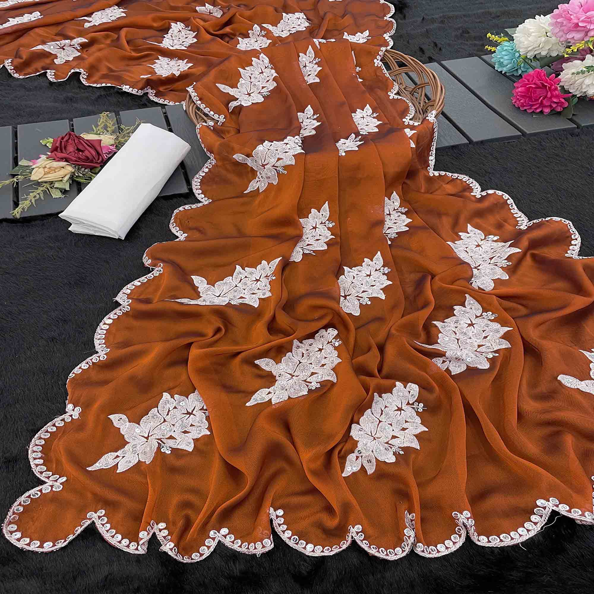 Rust Silk Blend Saree with Embroidered Floral Design in Sequins & Thread