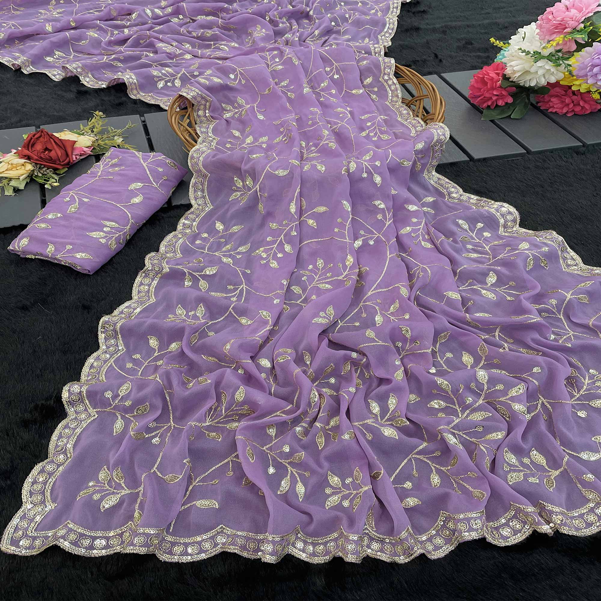 Designer Lavender Georgette Saree Featuring Intricate Sequins & Embroidery Work