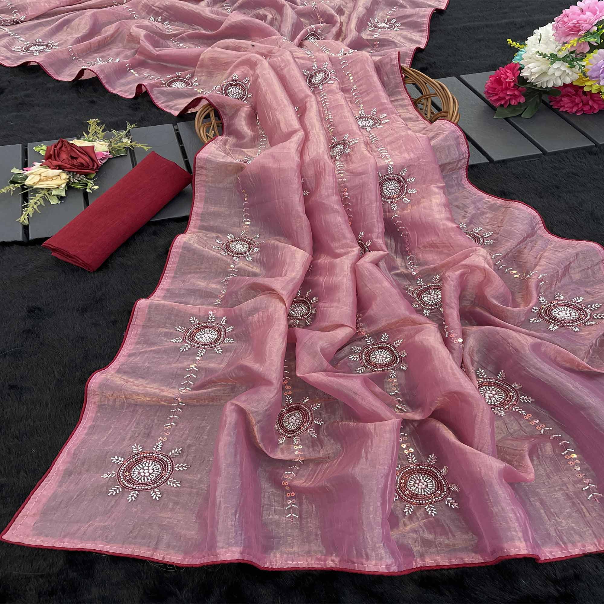 Pink Designer Silk Blend Saree Embellished with Stones & Beads