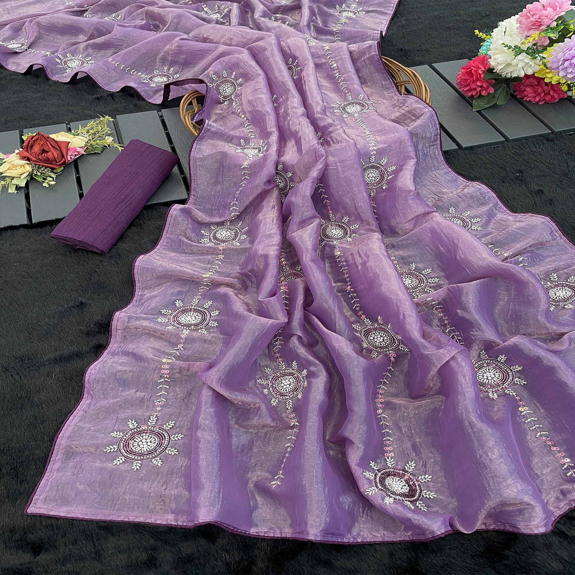 Purple Designer Silk Blend Saree Embellished with Stones & Beads
