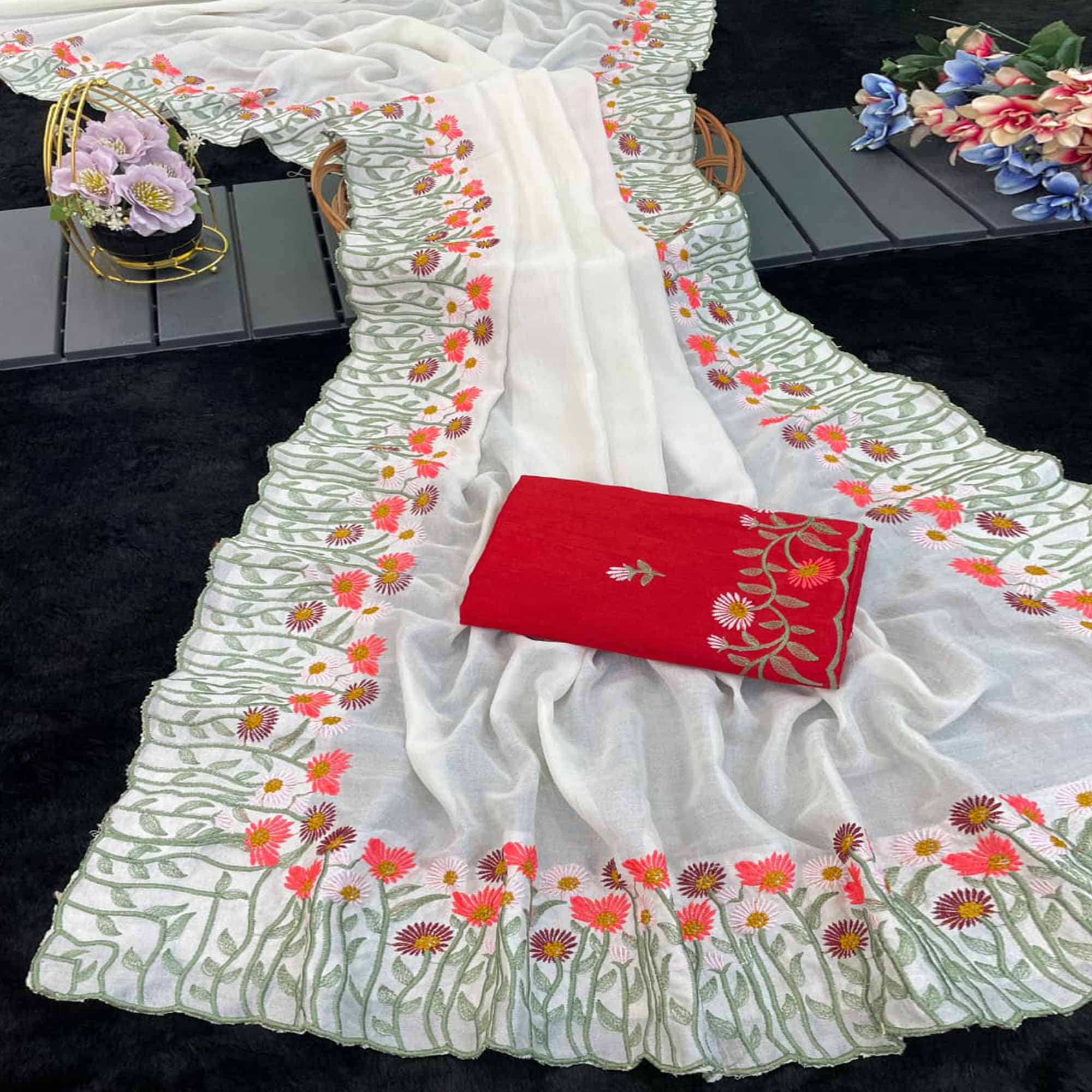 Off White Vichitra Silk Saree with Fine Floral Embroidery for Party and Traditional Styling