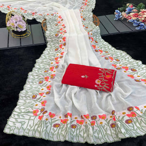 Off White Vichitra Silk Saree with Fine Floral Embroidery for Party and Traditional Styling