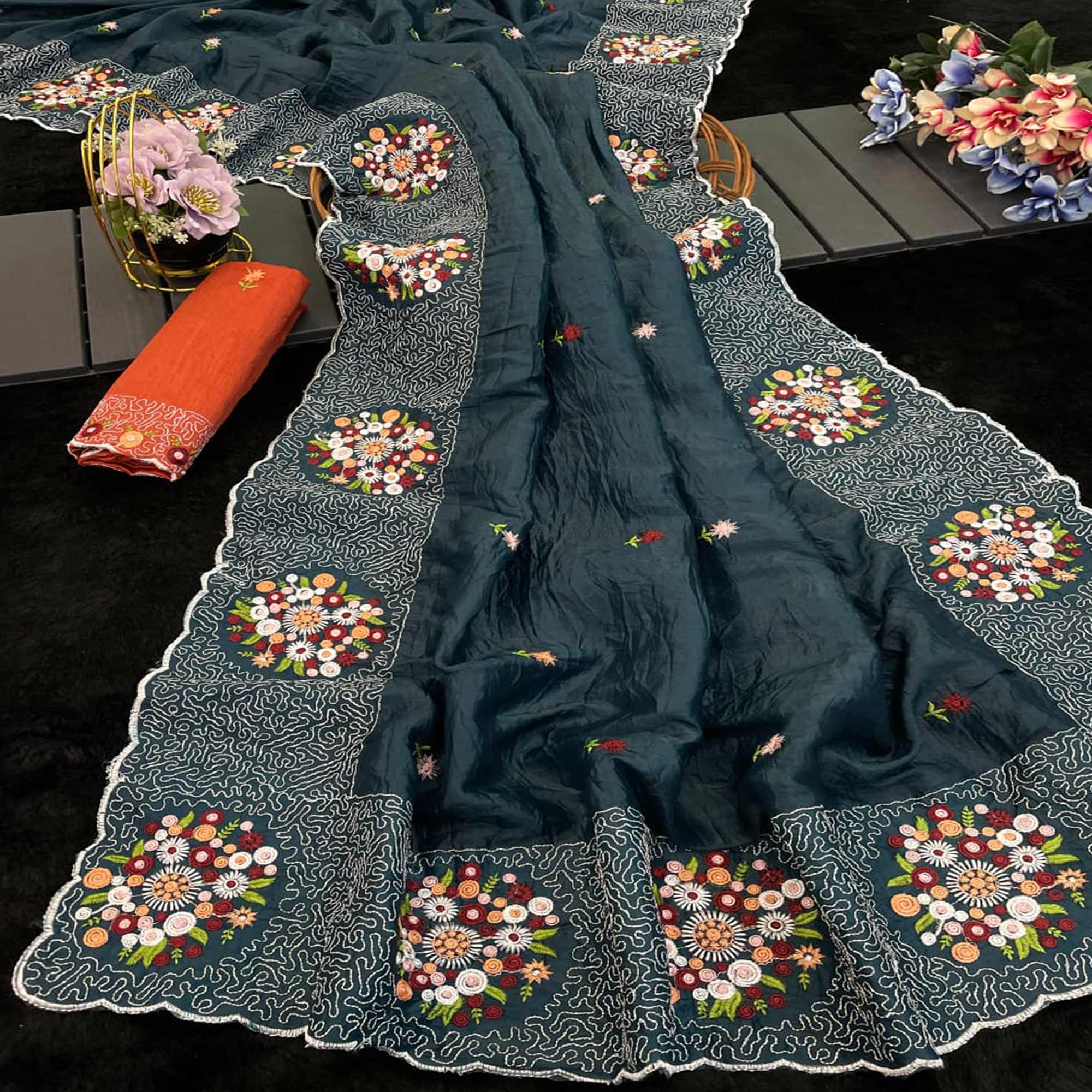 Deep Teal Cotton Silk Saree with Beautiful Floral Embroidery for Parties & Celebrations