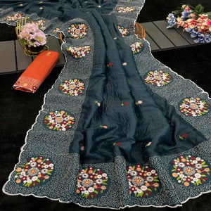 Deep Teal Cotton Silk Saree with Beautiful Floral Embroidery for Parties & Celebrations