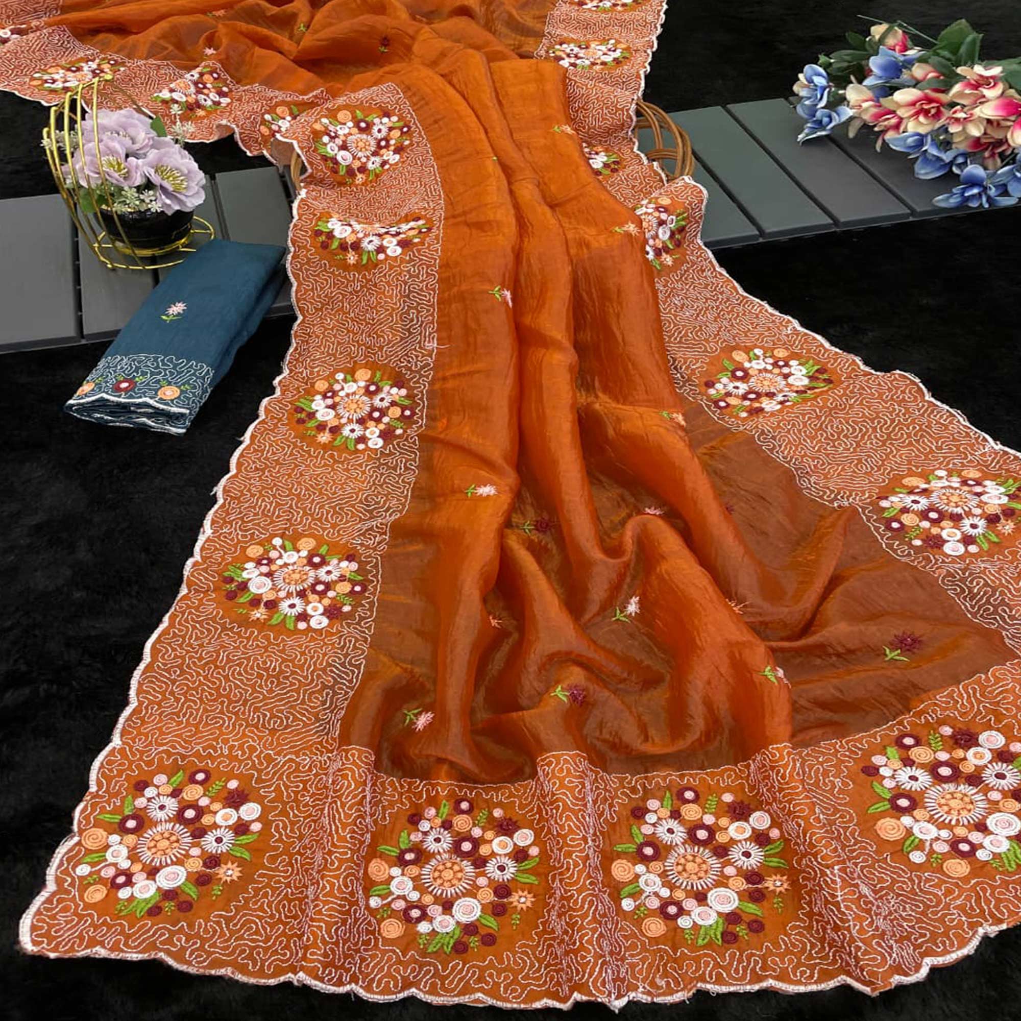 Orange Cotton Silk Saree with Beautiful Floral Embroidery for Parties & Celebrations