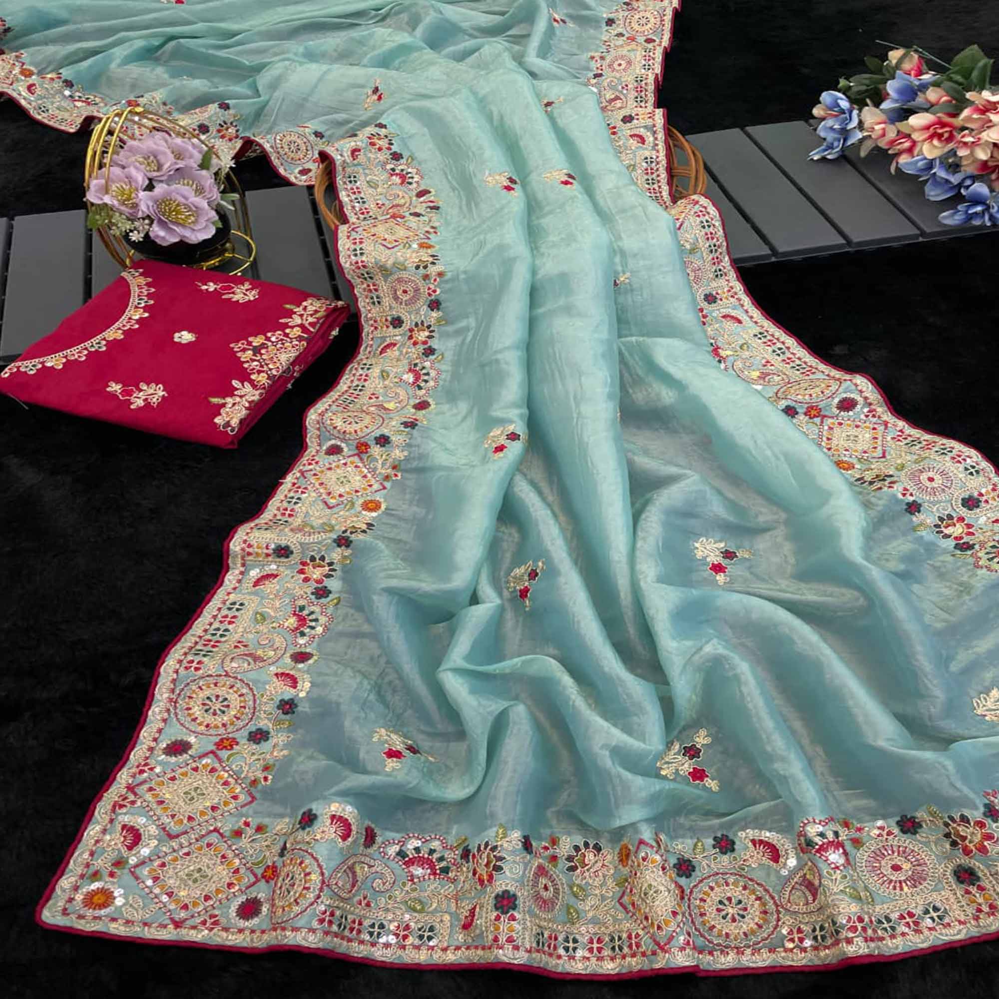 Aqua Blue Saree in Cotton Silk Fabric with Exquisite Floral Sequins Detailing