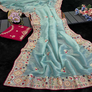 Aqua Blue Saree in Cotton Silk Fabric with Exquisite Floral Sequins Detailing