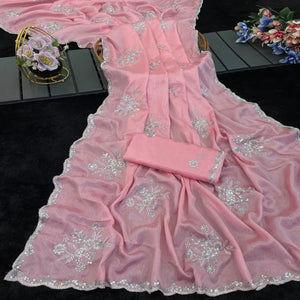 Designer Peach Pure Chinon Saree Highlighted with Elegant Sequins Embroidery