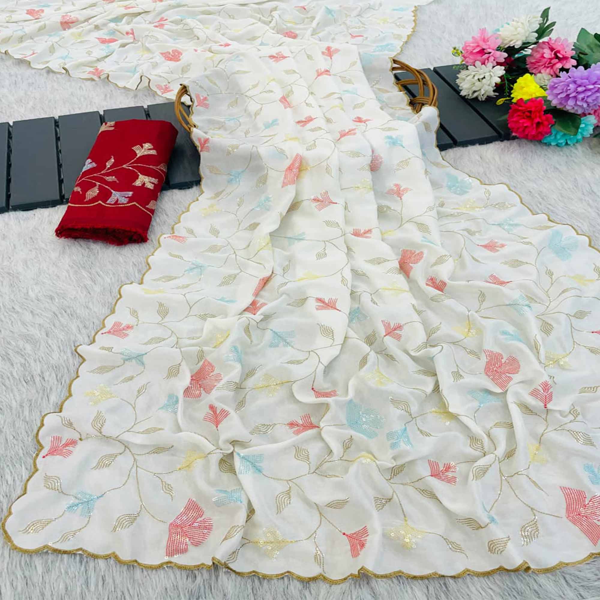 Graceful White Vichitra Silk Saree Adorned With Floral Sequins Embroidery & Golden Arco Border