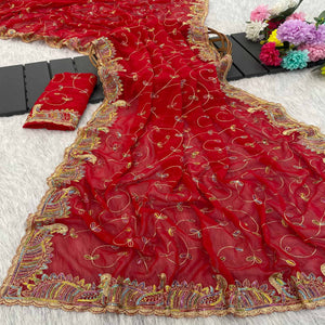 Elegant Red Floral Sequin & Thread Embroidered Georgette Saree With Exquisite Peacock Design Border