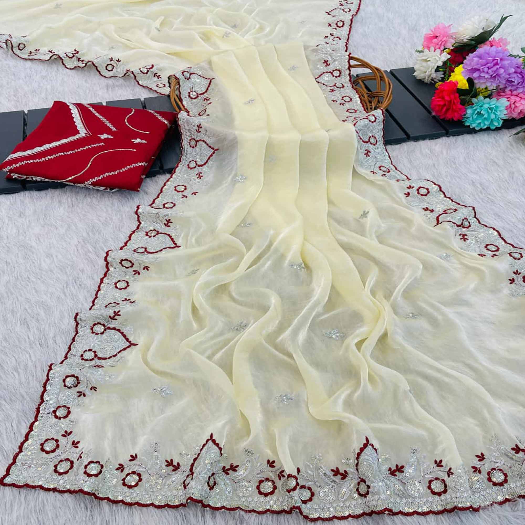 Radiant Cream Tissue Silk Saree Beautifully Embellished With Floral Thread & Sequins Embroidery