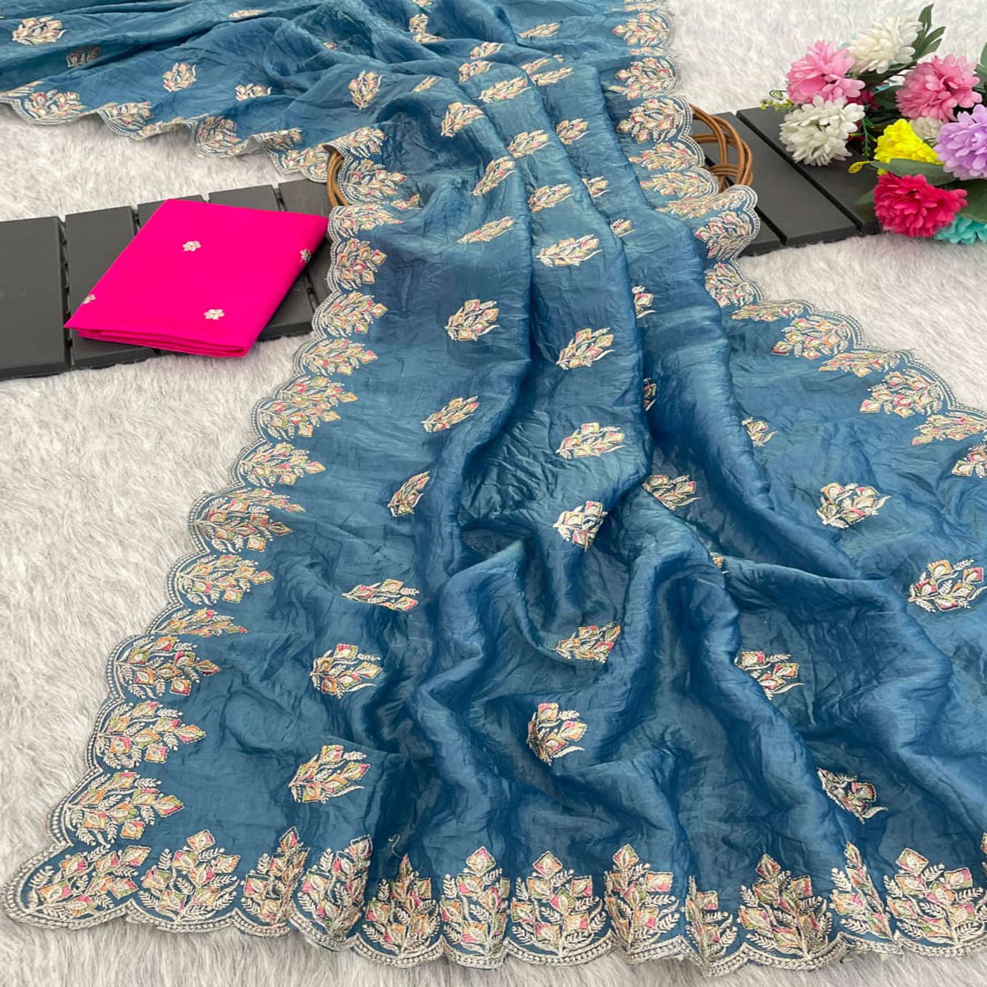 Classic Blue Silk Blend Crush Saree Beautifully Embellished With Floral Thread Embroidery