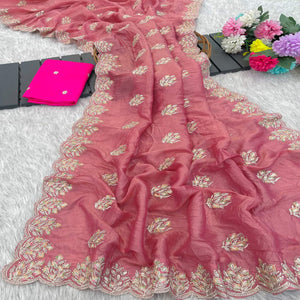 Classic Dusty Pink Silk Blend Crush Saree Beautifully Embellished With Floral Thread Embroidery
