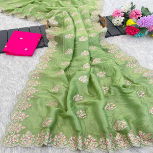 Classic Parrot Green Silk Blend Crush Saree Beautifully Embellished With Floral Thread Embroidery