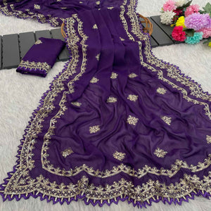 Radiant Purple Thread Work Georgette Silk Saree Beautifully Enhanced With Sequins Embellishment