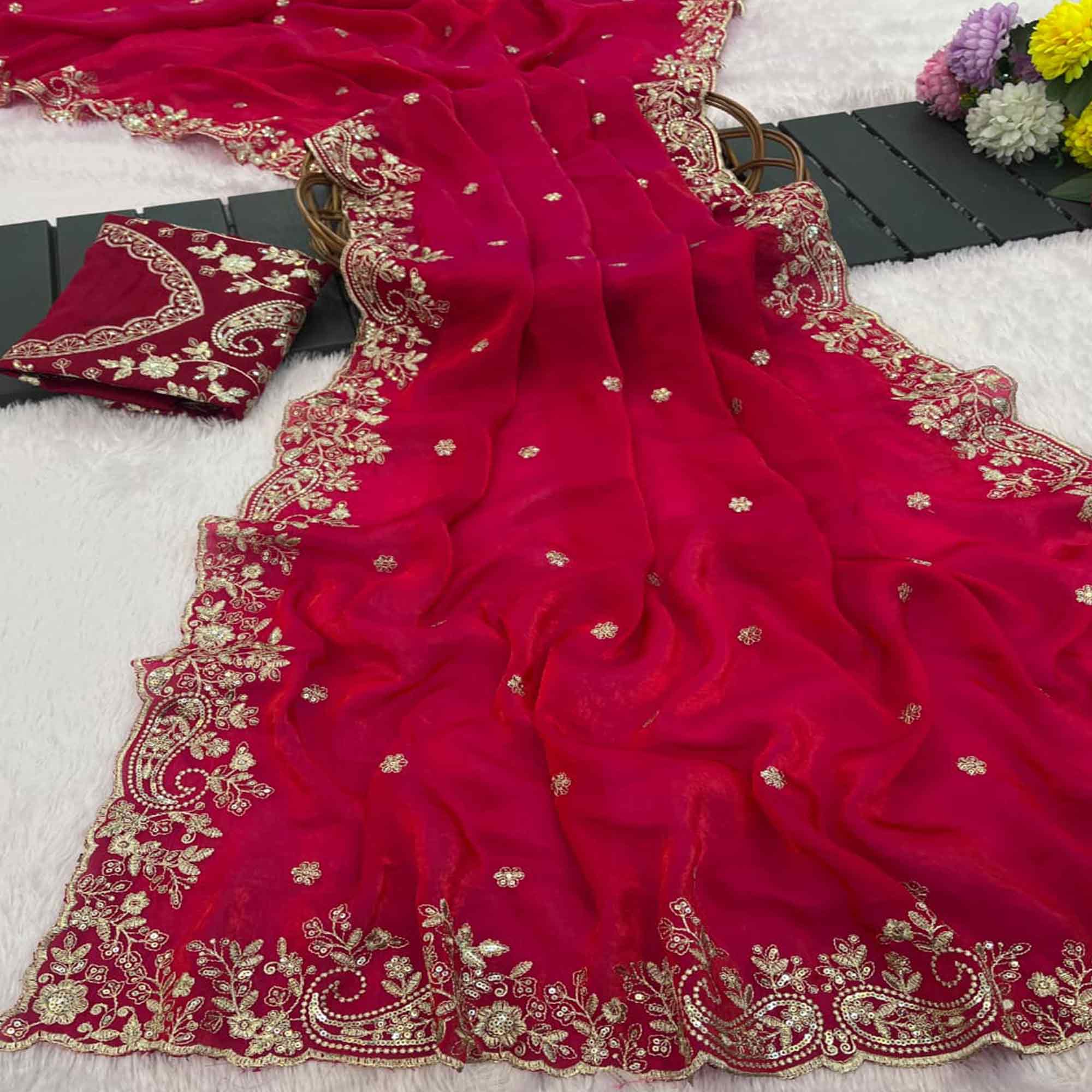 Pink Partywear Organza Satin Silk Crush Saree with Delicate Floral Embroidery