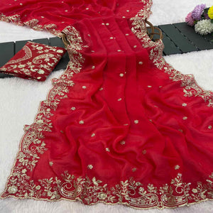 Red Partywear Organza Satin Silk Crush Saree with Delicate Floral Embroidery