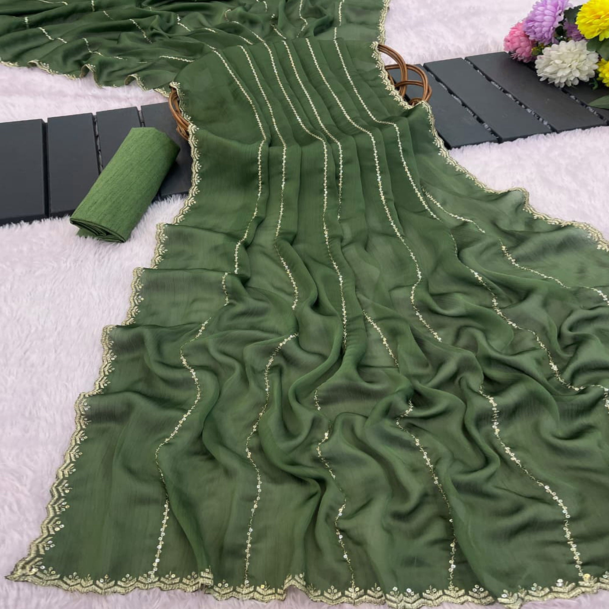 Green Soft Satin Chiffon Saree Adorned with Intricate Sequins Detailing