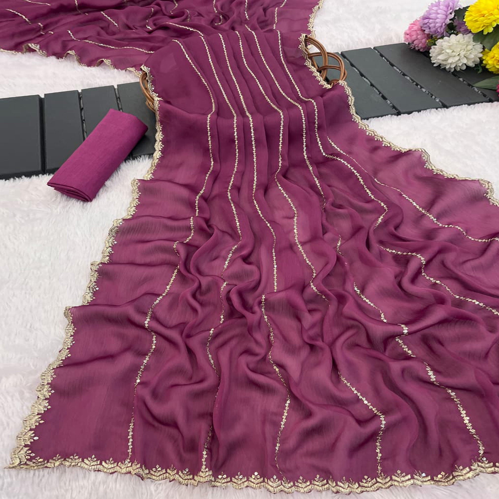 Mauve Soft Satin Chiffon Saree Adorned with Intricate Sequins Detailing