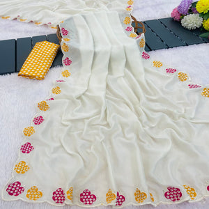 Off White Premium Vichitra Silk Saree Adorned with Intricate Embroidery Work