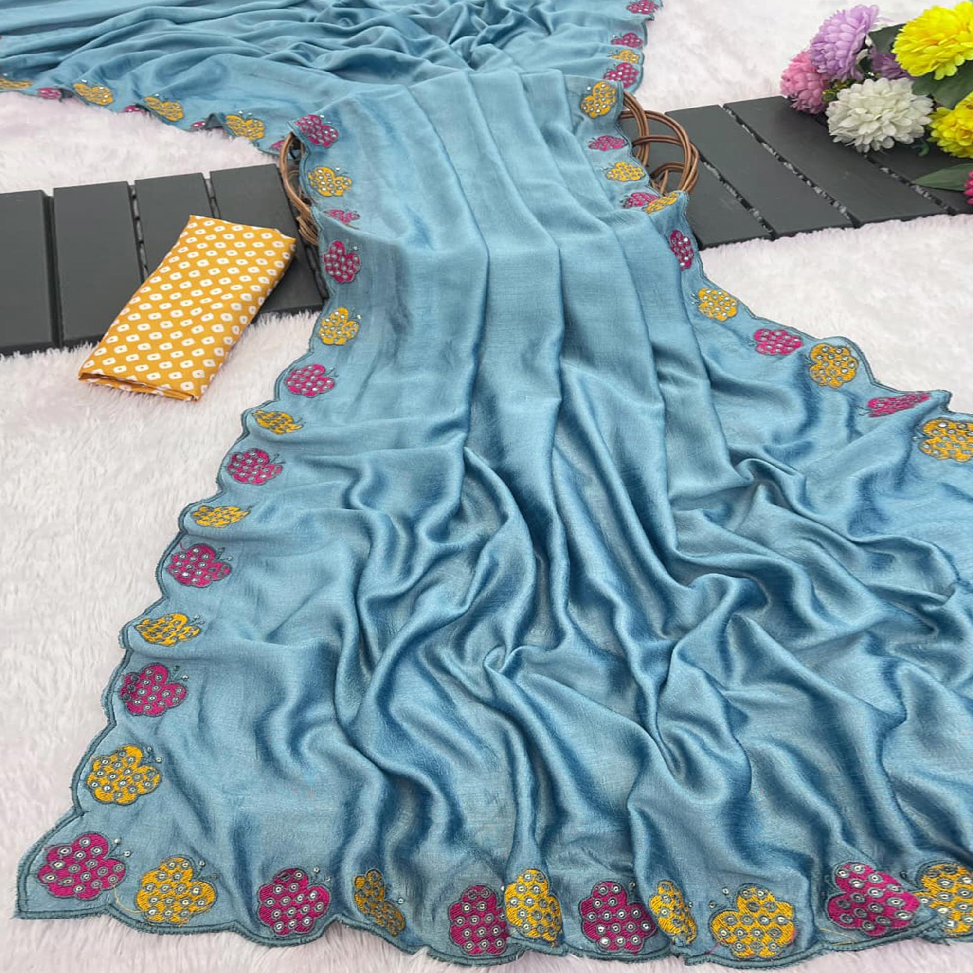 Teal Premium Vichitra Silk Saree Adorned with Intricate Embroidery Work