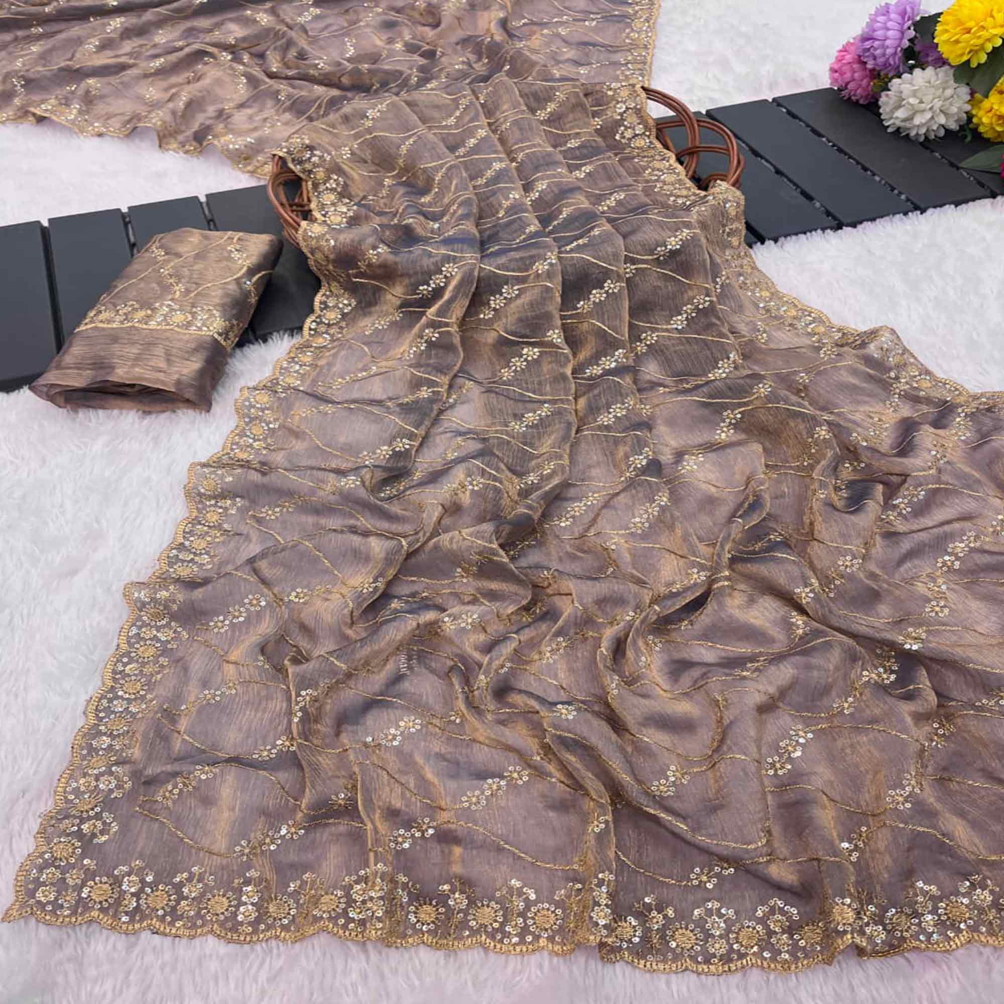 Lavender Partywear Organza Chiffon Silk Saree Highlighted with Fine Sequins Detailing