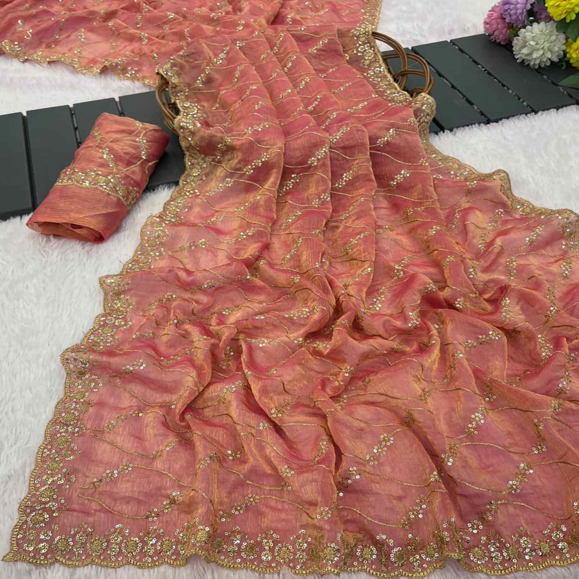 Peach Partywear Organza Chiffon Silk Saree Highlighted with Fine Sequins Detailing
