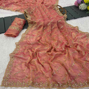 Peach Partywear Organza Chiffon Silk Saree Highlighted with Fine Sequins Detailing