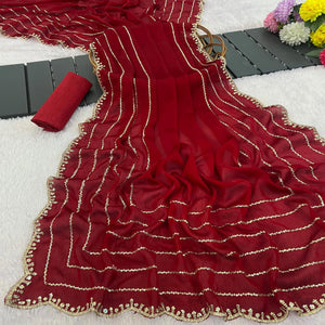 Maroon Soft Satin Chiffon Saree Embellished with Intricate Sequins Detailing