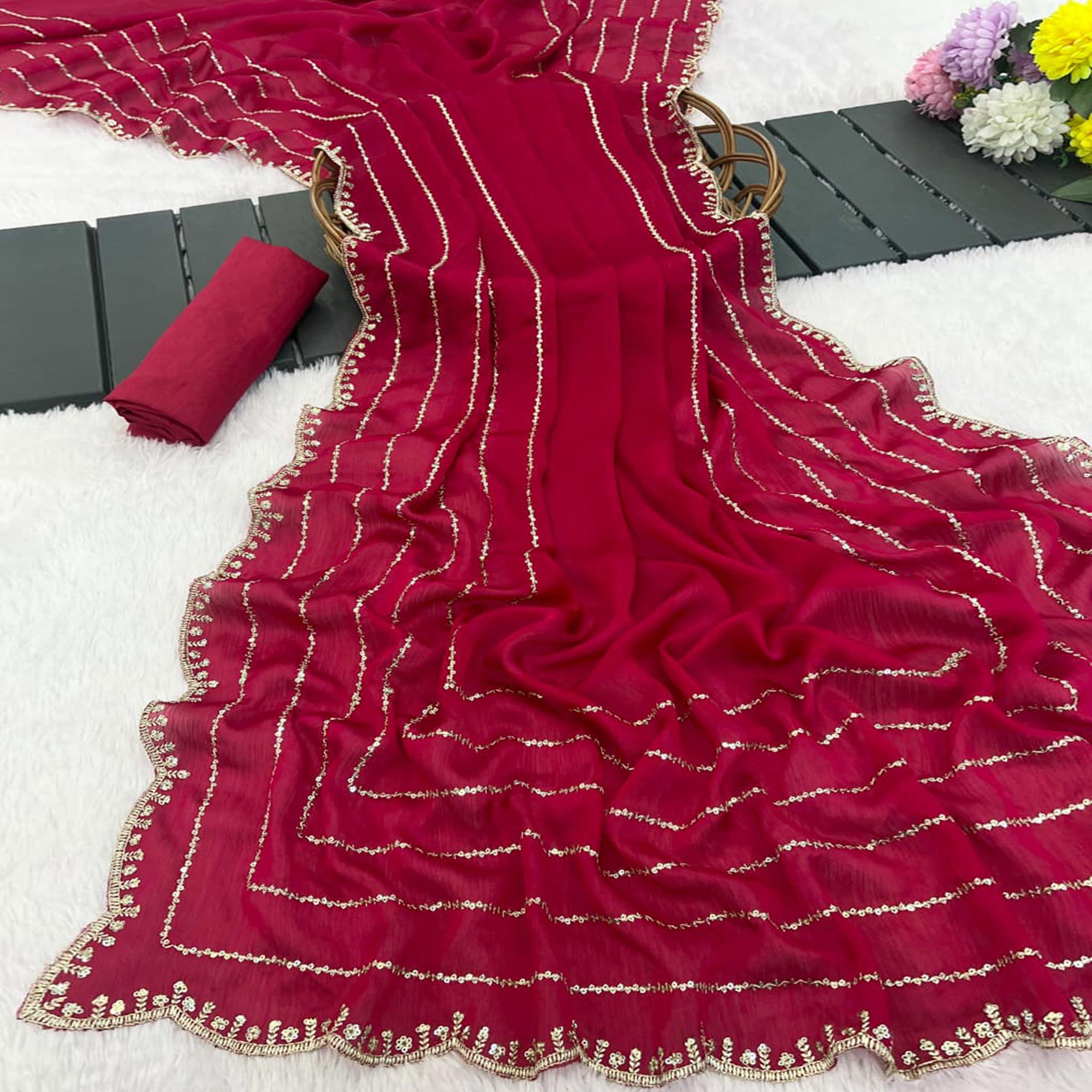 Pink Soft Satin Chiffon Saree Embellished with Intricate Sequins Detailing