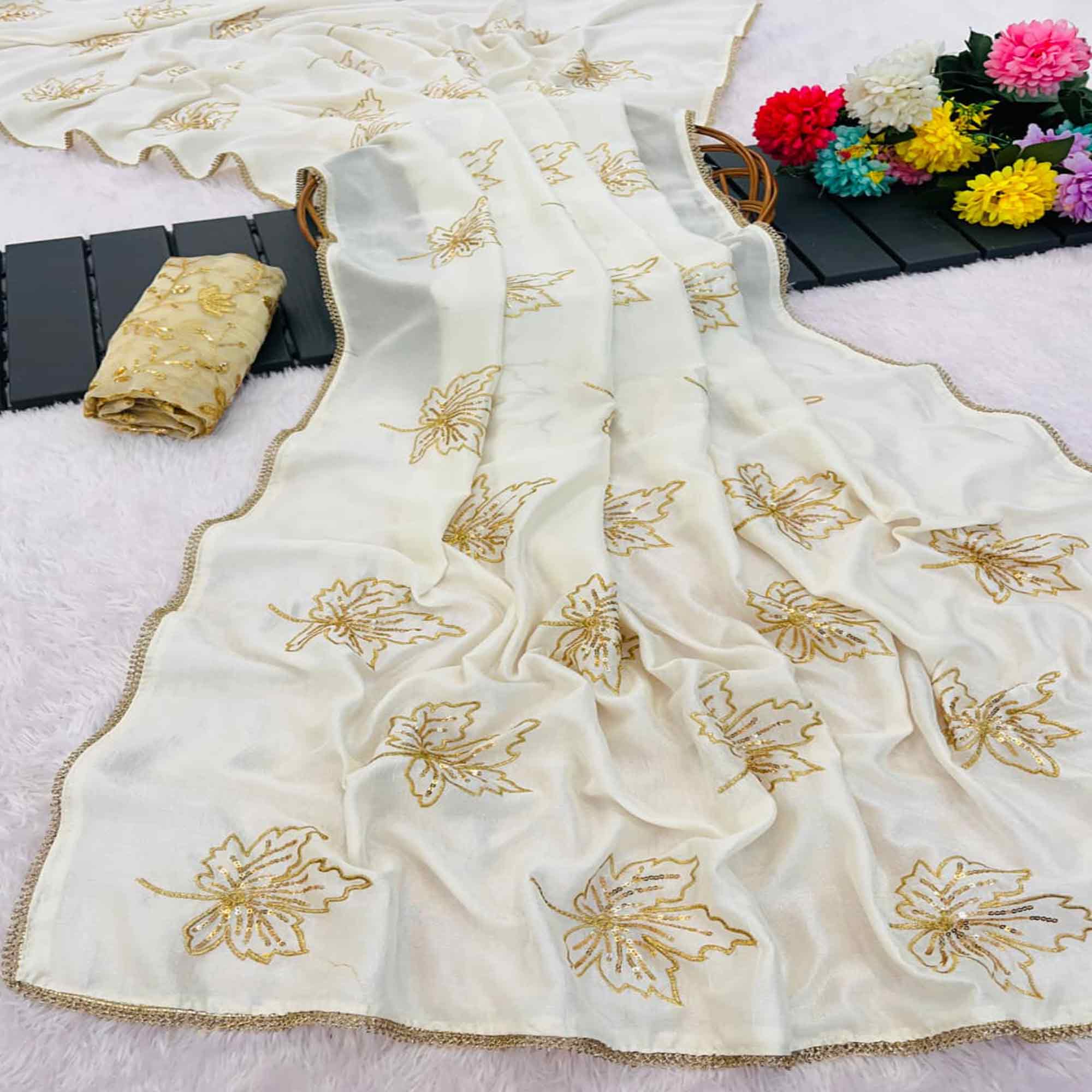 Glamorous Off White Sequin Embellished Saree in Premium Vichitra Silk