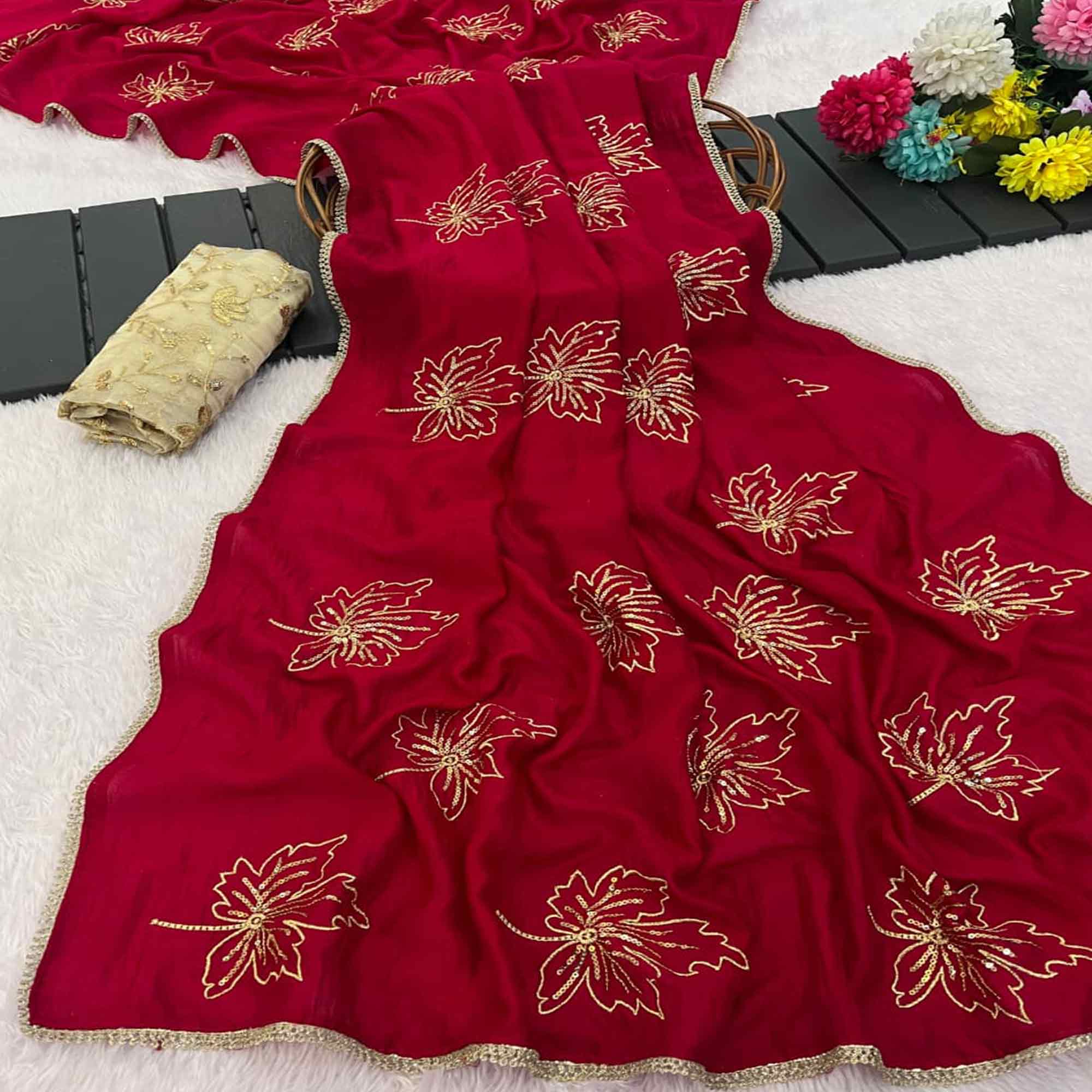 Glamorous Pink Sequin Embellished Saree in Premium Vichitra Silk