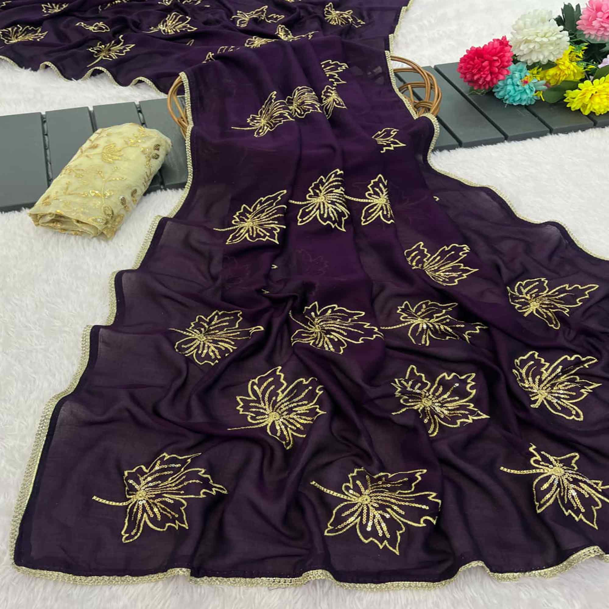 Glamorous Purple Sequin Embellished Saree in Premium Vichitra Silk